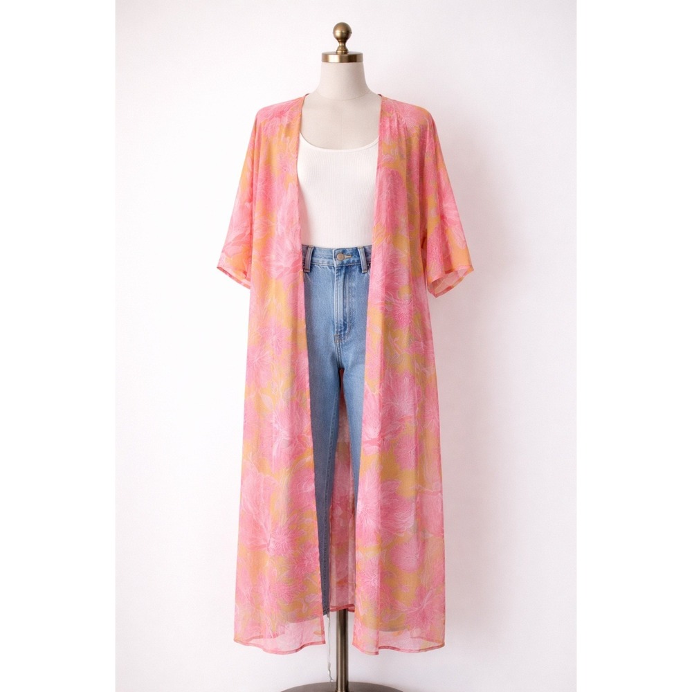 EUC Power 2 The Flower Floral Kimono Duster Pink/Orange‎ Boho Cover-Up Sheer OS